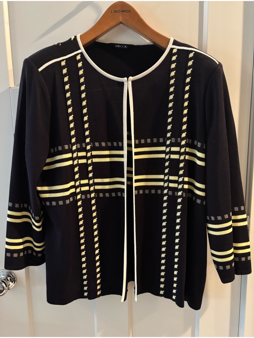 Misook Navy Cardigan Jacket with Yellow & white Stripes